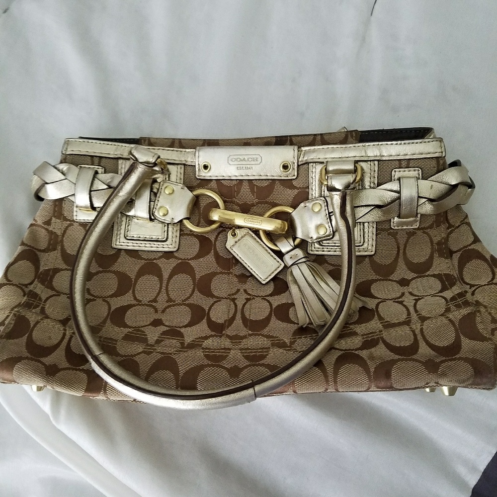 Coach Canvas bag with gold leather handles